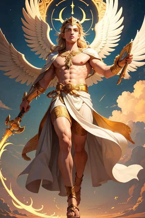 "Hermes, the Greek god of travelers, commerce, and communication, depicted as a youthful and energetic figure exuding charisma and agility. He has short, wavy golden hair and sharp, intelligent eyes that gleam with mischief and cleverness. Dressed in a sle...