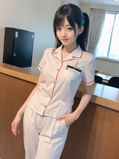 (Bright shade:1.5)、(Close-up face shot of one slender small breasts two side up black medium hair with bangs girl in a white nurse long pants uniform :1.5)、(One girl  is working at the reception counter in the hospital in Japan with small smile:1.5)、(High-...