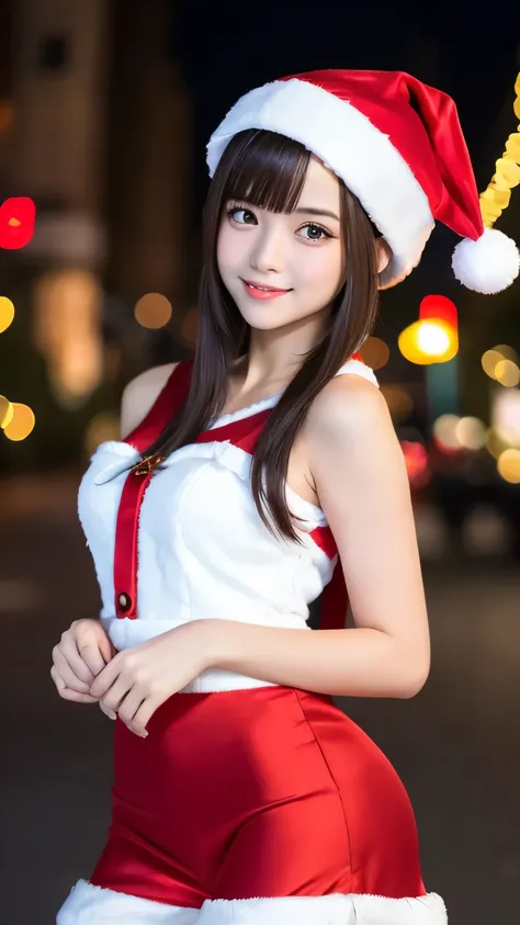 Red Santa Claus Cosplay, thighs, a miniskirt, A sexy, Smile, Raw photography, (((Ultimate Beauty Portrait))), ((glistening skin)), 1 girl, ((Big eyes that shine like jewels)), Plump milk, Glossy glossy skin, (Silky Ponytail Hair), (from below), eye liner, ...