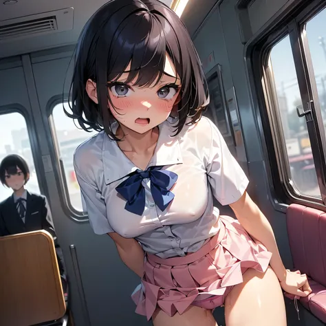 (((masterpiece, Best Quality, Best Quality, ,  more beautiful than Kira、Detailed picture)))、(( 1girl , solo,15years old、Slender、slender thigh,slender legs,large breast, ,black hair ,short hair、bang,Black eyes、Round eyes、Clear eyes)), in the train crowd,cro...