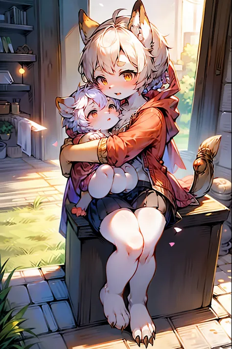 Mother and daughter hugging，Dwarf bunny girl，furry girl， Female Toddler Characteristics ，Shawl， short sleeve with jacket，Short skirt