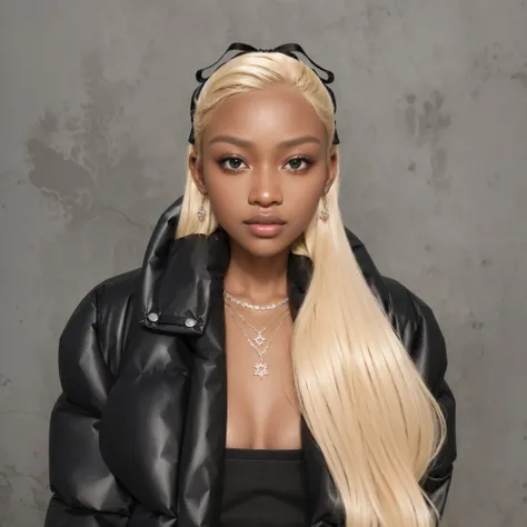 a close up of a hyper realistic woman with long blonde hair and a bow wearing a black shiny puffer jacket,  ( ( dark skin ) ), realistic,  dark skinned,  realistic shaded, dark-skinned, hyper realistic style, detailed realistic face, concrete background, h...