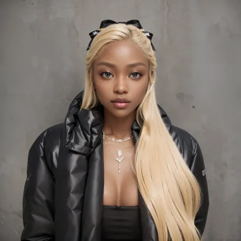 a close up of a hyper realistic woman with long blonde hair and a bow wearing a black shiny puffer jacket,  ( ( dark skin ) ), realistic,  dark skinned,  realistic shaded, dark-skinned, hyper realistic style, detailed realistic face, concrete background, h...