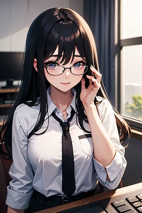 4k anime style, Smooth anime CG, 8k anime, Best quality, High resolution,Adult, Anime,very Long hair , Black_hair , flame eyes, beautiful eyes , B-cup chest, Beautiful waist,Shes wearing black jacket and black dress pants, white long sleeves shirt , black ...