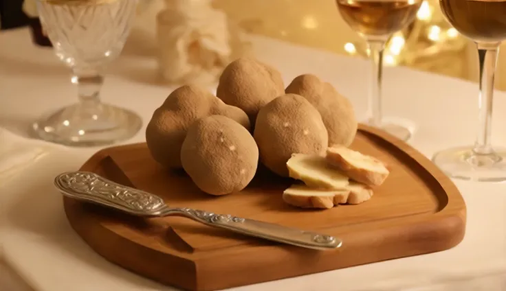 art photo, an elegant display of rare white truffles, resting delicately on a polished wooden board. The truffles, with their textured and earthy appearance, are showcased alongside a fine truffle slicer made of silver. Thin, freshly shaved truffle slices ...