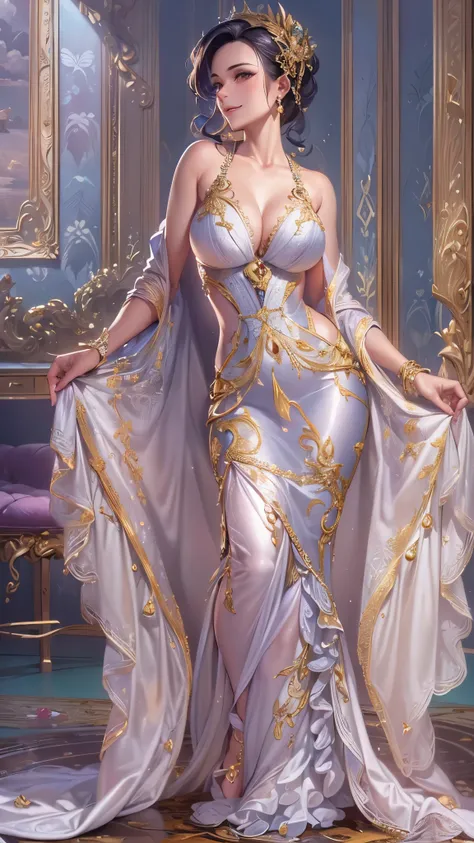 (( top quality)),( super high resolution ),( super detailed),( detailed description ),(( best CG )),( Best Artwork ), Ultra Precision Art, Amazing Painting Art,(Exquisite art:1.5), Lady,  lingerie dress , Resplendent Jewel , Vertical roll hair, smile,  cle...