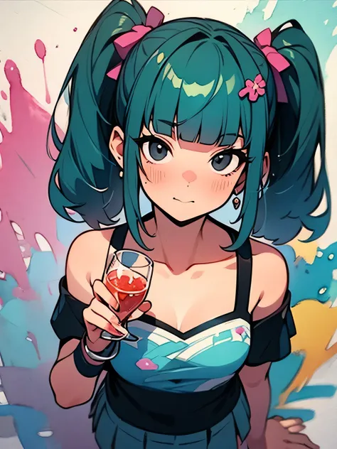 (from above,dutch angle),solo,upperbody,face on focus,(face waiting for kiss+),wine green color hair,flizzy twintail,(blunt bangs),cute face,black eyes,offshoulder,white camisole blouse,white mini skirt,having drink glass in one hand,like a painting, water...