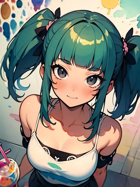 (from above,dutch angle),solo,upperbody,face on focus,(face waiting for kiss+),wine green color hair,flizzy twintail,(blunt bangs),cute face,black eyes,offshoulder,white camisole blouse,white mini skirt,having drink glass in one hand,like a painting, water...