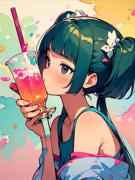 (sideview,dutch angle),solo,upperbody,face on focus,(face waiting for kiss+),wine green color hair,flizzy twintail,(blunt bangs),cute face,black eyes,offshoulder,white camisole blouse,white mini skirt,having drink glass in one hand,like a painting, waterco...