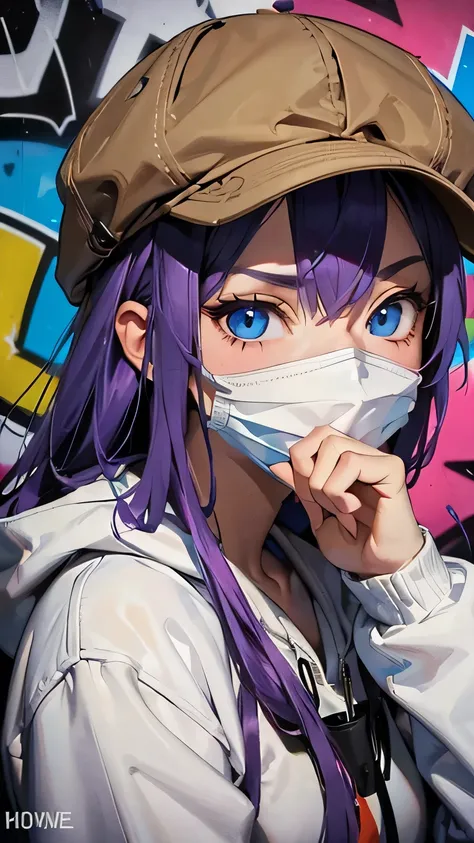 masterpicece, best quaility, girl, long purple hair, wear a brown newsboy cap, cover ones face with a mask, blue eyes, white hoodie, close - up, graffiti on the wall, colorful graffiti, colorful atmosphere, vivid color
