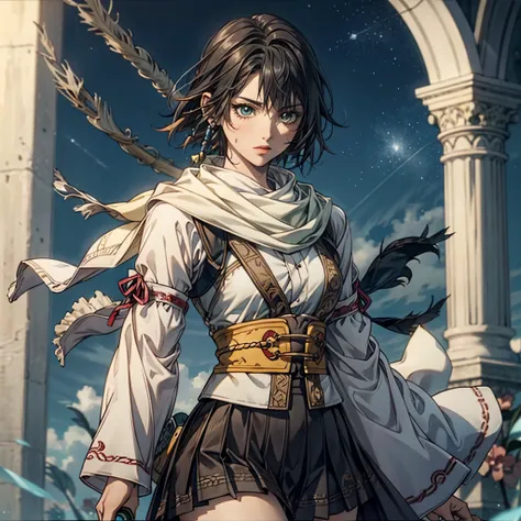 top quality, RPG Characters , Priest , looking at camera, Classy look , cold eyes, Details, black hair, short hair, (1girl), Solemn, Red Eyeliner , black skirt,bangs, Thighs, Wizard-like clothes , ...