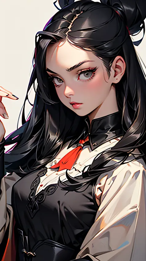 Dont Starve style, masterpiece, best quality, super detailed, illustration, 1 girl, long black hair, black eyes, black cape, fluffy collar, sunset, (((close-up of upper body))), dynamic pose,