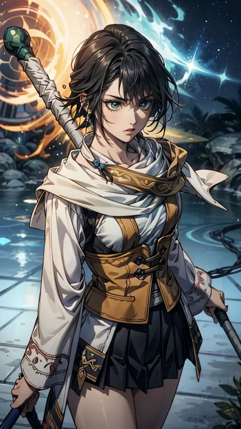 top quality, RPG Characters , Priest , looking at camera, Classy look , cold eyes, Details, black hair, short hair, (1girl), Solemn, Red Eyeliner , black skirt,bangs, Thighs, Wizard-like clothes , ...
