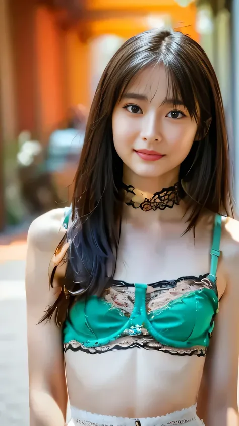 (masterpiece,  top quality:1.2),( realistic ,photo- realistic :1.4),   high definition  ,   Intricate Details ,  very detailed depiction ,{{Alone,18 year old Japanese female idol:smile}} ,,{{(red close,  choker ,  transparent lace bra top camisole top,Thig...