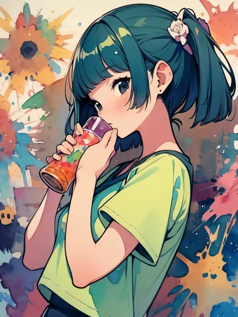 (sideview,dutch angle),solo,upperbody,face on focus,(face waiting for kiss++),wine green color hair,flizzy twintail,(blunt bangs),cute face,black eyes,offshoulder,white camisole blouse,white mini skirt,having drink glass in one hand,like a painting, waterc...