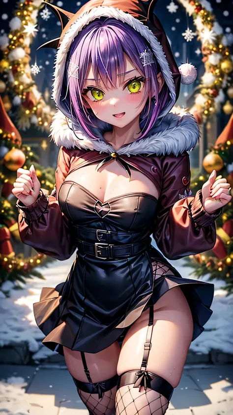 (highest quality)), ((masterpiece)), (Familiar), Perfect Face,Shiny skin,Beautiful breasts、Shiny skin、(((BLACK-purple Santa  dress、mini skirt、garter、fish net tights、hoodie、fur jacket、)))、oil skin、Sweat、Off the shoulder、Double teeth 、short hair、Big Breasts、...