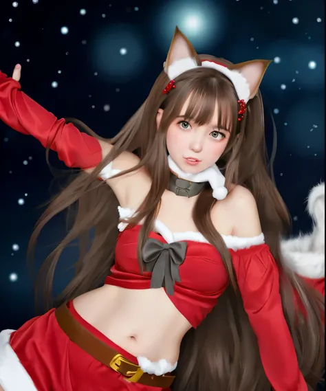  pretty girl,Brown Hair,Cat ears, long hair ,Santa clothes, belly button out,Bell around the neck,Grey Eyes