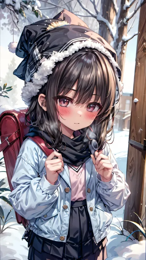 ((masterpiece, sidelighting, finely detailed beautiful eyes: 1.2)), (anatomically collect:1.3), Extremely cute, (extremely detailed beautiful face), (Authentic skin texture:1.4), (outdoor, winter, snowy landscape, park:1.2), (1 lower elementary school stud...