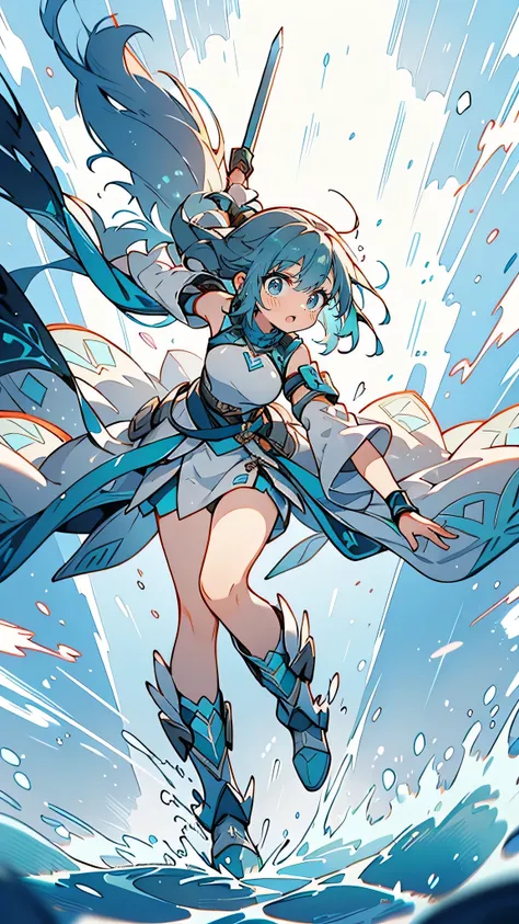 “Draw Aya’s superhero form, ‘Wind Strike.’ She wears lightweight, aerodynamic armor in shades of white and teal, with flowing fabric elements that mimic the movement of wind. Her armor is adorned with sleek, wind-like patterns, and she wields dual blades t...