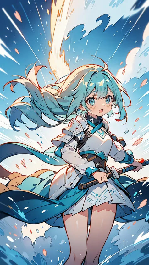 “Draw Aya’s superhero form, ‘Wind Strike.’ She wears lightweight, aerodynamic armor in shades of white and teal, with flowing fabric elements that mimic the movement of wind. Her armor is adorned with sleek, wind-like patterns, and she wields dual blades t...