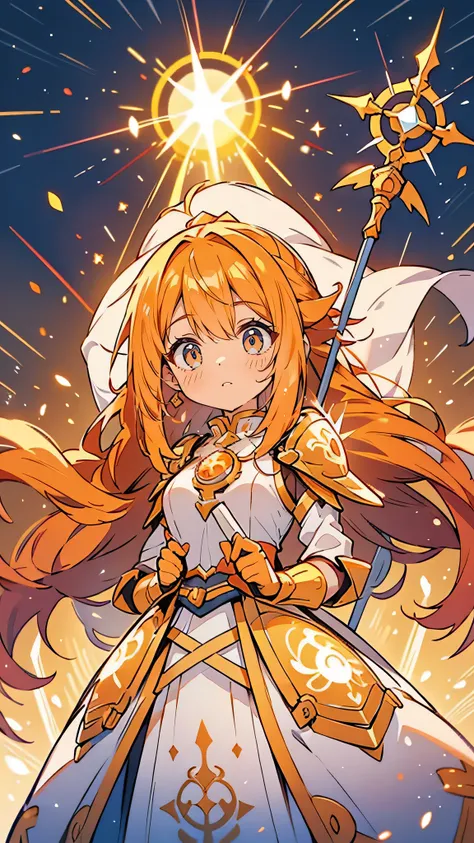 “Design Yuka’s superhero form, ‘Sun Blaze.’ She is dressed in radiant armor that glows with golden and orange hues, symbolizing her connection to the sun. Her armor has sun motifs, with a circular, glowing sun emblem on her chest. She wields a staff made o...