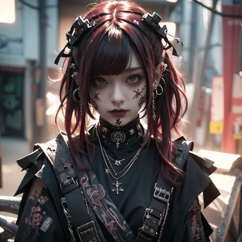 great rendered, 8k, masterpiece,  ultra quality, Beauty: 1.2,  PROFESSIONAL ILLUSTRATION : 1.1,  super detailed: 1.3, Ultra-bright,  very detailed with crimson hair, (Dark light detail)  1 girl, Goth_punk
