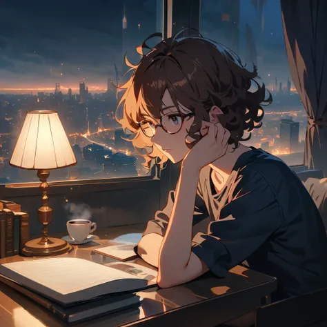         Ultra-fine ,masterpiece, Awards,    best quality    ,1 person,    Handsome,Brown Hair, 23 years old,Glasses,Introvert,Reflected Light, fantasy,city,moonlight,coffee,books,lamp, short hair, unkempt hair,Curl perm, Hes looking here ,