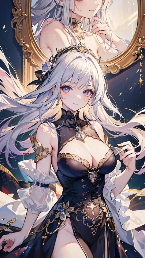 (( top quality)),( super high resolution ),( super detailed),( detailed description ),(( best CG )),( Best Artwork ), Ultra Precision Art, Amazing Painting Art,(Exquisite art:1.5), Lady, lingerie one shoulder dress, Resplendent Jewel , Vertical roll hair, ...