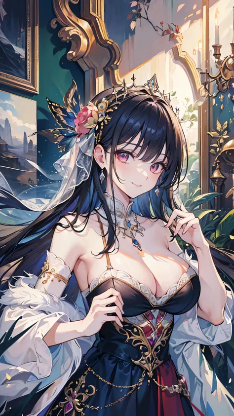 (( top quality)),( super high resolution ),( super detailed),( detailed description ),(( best CG )),( Best Artwork ), Ultra Precision Art, Amazing Painting Art,(Exquisite art:1.5), Lady, lingerie one shoulder dress, Resplendent Jewel , Vertical roll hair, ...