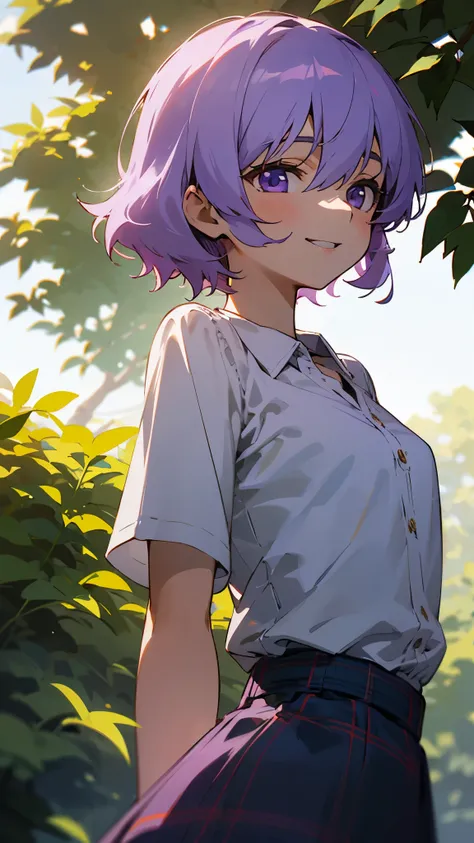 16-year-old girl、solo、Yuzuki Yukari、 light purple hair 、 short hair、Paper between the eyes 、Purple Eyes、smile、 small breasts、 back view、 white blouse shirt、 plaid skirt 、 under the bright light filtering through the trees、 sharp outline 、 tomboy 、 boyish