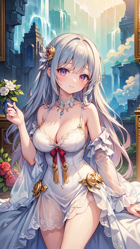 (( top quality)),( super high resolution ),( super detailed),( detailed description ),(( best CG )),( Best Artwork ), Ultra Precision Art, Amazing Painting Art,(Exquisite art:1.5), Lady, lingerie one shoulder dress, Resplendent Jewel , Vertical roll hair, ...