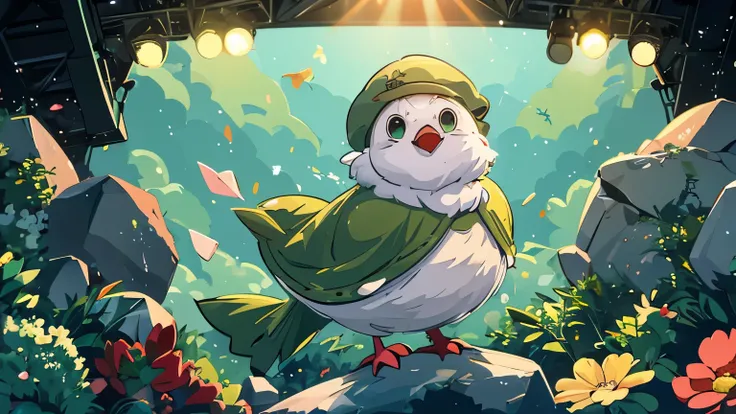 a Rock ptarmigan, anime, (green hat:1.4), red beak, dynamic, stage , (sing a song:1.4), white stomach, (rock concert stage:1.2), (cartoon:1.2), on the stage, dynamic light