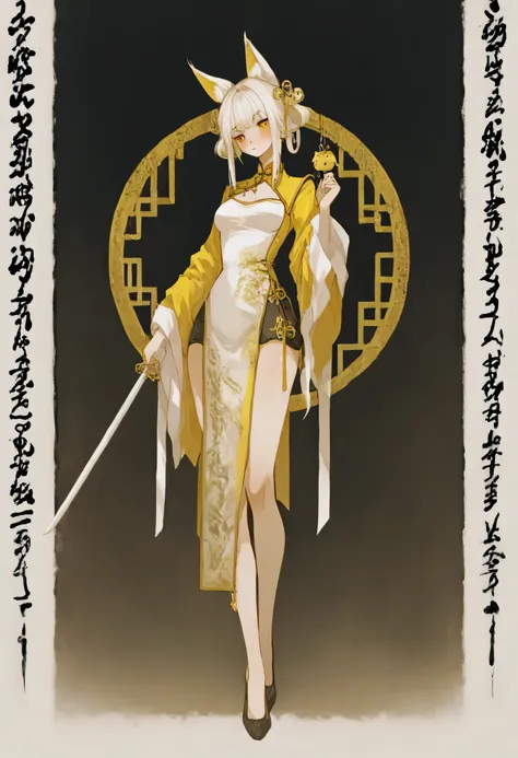  The yellow charm bandage, the girls full body cheongsam, multi-sided display, exquisite vertical painting, OC, white sword man, Jiang Hu, holding the charm hairstyle, a special one with bells hanging, animal ears, exquisite details, vivid display 4k