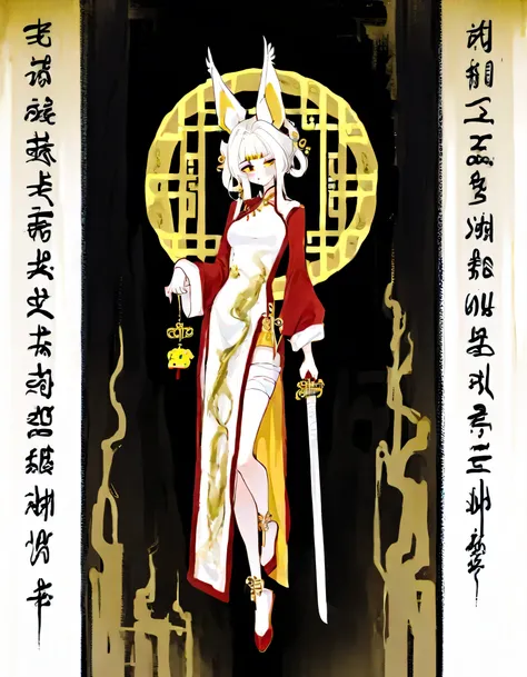  The yellow charm bandage, the girls full body cheongsam, multi-sided display, exquisite vertical painting, OC, white sword man, Jiang Hu, holding the charm hairstyle, a special one with bells hanging, animal ears, exquisite details, vivid display 4k