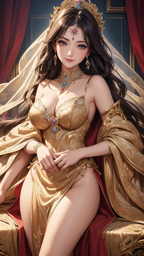 (( top quality)),( super high resolution ),( super detailed),( detailed description ),(( best CG )),( Best Artwork ), Ultra Precision Art, Amazing Painting Art,(Exquisite art:1.5), Lady, lingerie one shoulder dress, Resplendent Jewel , Vertical roll hair, ...