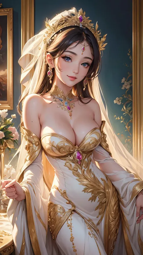 (( top quality)),( super high resolution ),( super detailed),( detailed description ),(( best CG )),( Best Artwork ), Ultra Precision Art, Amazing Painting Art,(Exquisite art:1.5), Lady, lingerie one shoulder dress, Resplendent Jewel , Vertical roll hair, ...