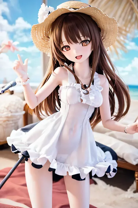 (SFW:2), photorealistic, realistic photo, 8k, Canon EOS, ((highest quality)), ((masterpiece)), (extremely detailed), dd, doll, head tilt, (mature woman, 21yo, 21 years old, solo, plastic skin, beach:1.6), (from front, singing, holding microphone, slim, ski...