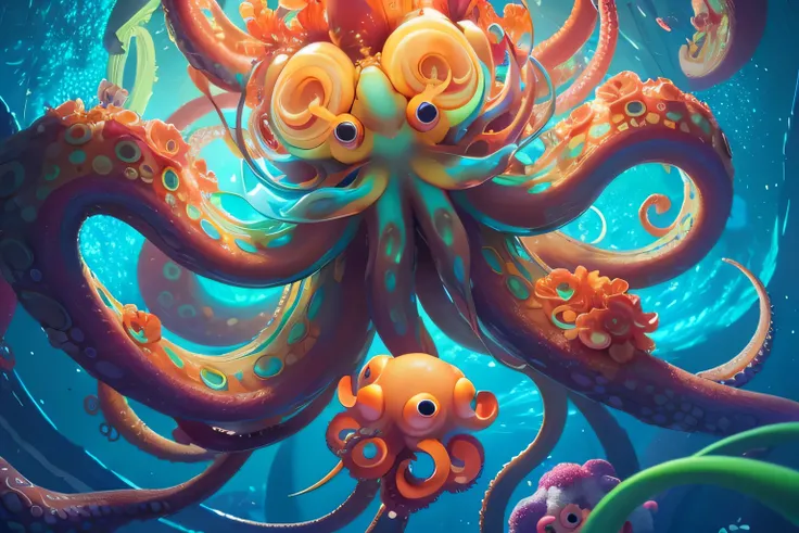   digital art inspired by octopuses, Octopus Garden , Beeple and james jean, Beeple and jeremiah ketner, Supernova Octopus,  Brilliant Tentacles ,  Decorated Tentacles Growing Around, Beeple.  hyperrealism , greg Beeple, Detailed painting 4k,  colorful and...