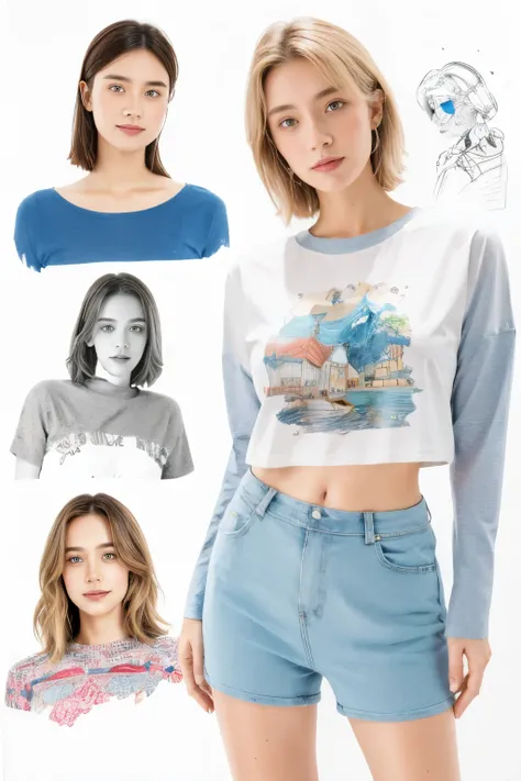 female，crop shirt，white，Art，ad，colour pencil drawing，draft drawing ，comic collage，illustration