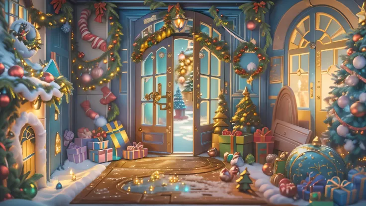 (tmasterpiece),（ultra - detailed:1.3），(Close-up: 1.8), Best quality，（棉花糖一样的白Yuki:1.2），（Christmas courtyard in blue fairy tale:1.6），(Christmas decorationlower ring on blue door: 1.8),（suns），(((Delicious candies in front of the door，Christmas tree, gifts, Ch...