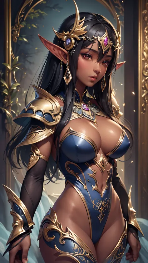 (( top quality)),( super high resolution ),( super detailed),( detailed description ),(( best CG )),( Best Artwork ), Ultra Precision Art, Amazing Painting Art,(Exquisite art:1.5),  Dark Skin ,  Female Elves by Chen Dingbo,  strapless , Close Armor, Sharp ...