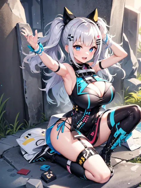 Dont do it,  1 girl, Kaguya Luna, Alone,  virtual YouTuber ,  cleavage,  open mouth,  raise your arms ,  thigh high socks ,  Twin Tails ,  blue eyes,  hair ornament, band,  clevis on a stone, Says Obi,  Sleeveless, Under the arms,  dress, smile, clothing c...