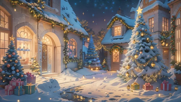 (tmasterpiece),Best quality，（Christmas courtyard in blue fairy tale:1.6）（suns），Christmas tree, gifts, Christmas stockings, Illustration style, decorations, Fantasy Christmas small courtyard, Lovely design style, yuki，rays of sunshine， ((Whimsical and charm...