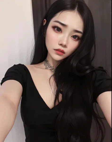 a close up of a woman with long black hair wearing a chokehold, cruel korean goth girl, 18 years old, pale goth beauty, dilraba dilmurat, 1 7 - year - old goth girl,  Korean, 1 8 I, 2 s, goth girl aesthetic, xision wu, 2 Female model of s, 1 s