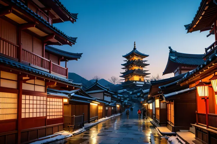   Alaf view of a street with a pagoda in the background, Matte painting inspired by Jakuchu Ito,  Shutterstock, Ukiyo-e, Japanese cities at night,   Japanese Street , Japanese cities, , Japan at Night,  tilt-shift photo inspired by the snowy landscape of ,...