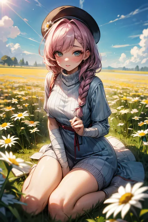  girl ,  Braided hair ,  Beautiful Makeup , lush hair, sweater,  ulybka, dress, hat,  bandage perfect anatomy, decorations, barrette , tender,  Beautiful,  better quality ,  sexy,  is sitting, field, daisies,  Sunny,  some clouds , Different flowers ,  Ver...