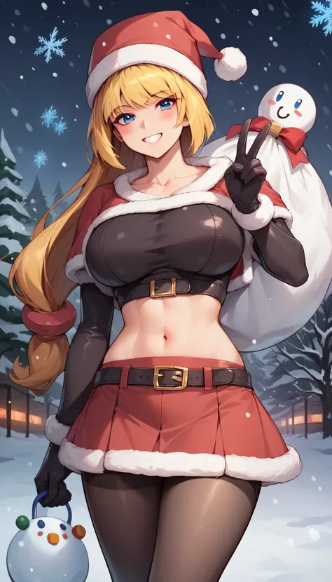 1 girl, snowman, Alone, pantyhose, hen, , gloves, Santa Claus_I wore a, Santa Claus_hen, smile, looking_en_viewer,  Christmas, negro_gloves, navel, if, snow, , skirt, Diafragma, snowflakes, by_cut, blush, negro_pantyhose, , snowing,  belt, breasts, V, smil...