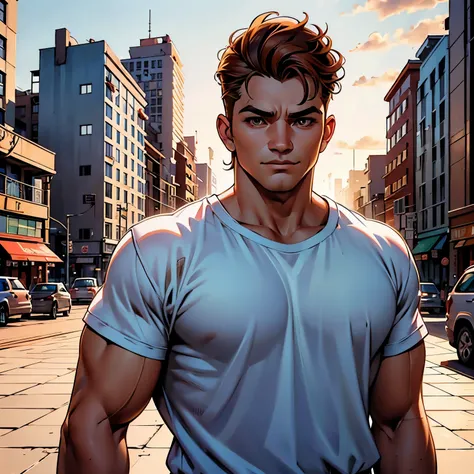 "Close-up, Male character, on a city square, golden hour, Cartoon image of a man. Cartoon style illustration, comic style, young man with well-groomed hair, brown eyes, casual clothes,."