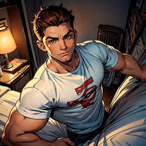 "Close-up, Male character, on a bedroom, night, Cartoon image of a man. Cartoon style illustration, comic style, young man with well-groomed hair, brown eyes, casual clothes,."