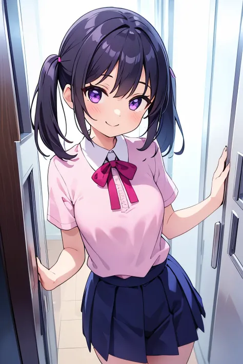  Elementary School   Flat Chest Black Hair Short Twin Tails Purple Eyes Smile（（One person）） upper body pink short sleeve blouse lower body blue pleated skirt white panties white socks（（ can see her panties ）） In front of the elevator of the apartment build...